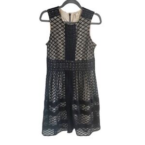 Sundance Woman SZ 10 Navy Avery Lace Dress Nude Lining Midi Romantic Embroidered